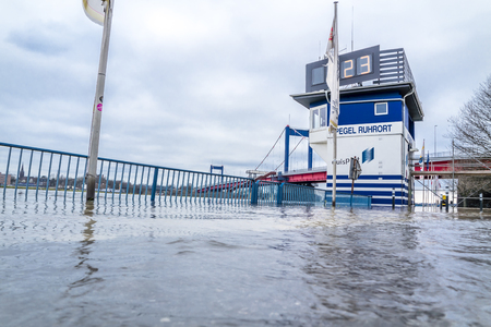 DUISBURG / GERMANY - JANUARY 08 2017 : The flooding watermark is climbing over 9 meters in Ruhrortのeditorial素材