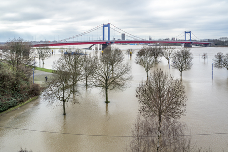 The river Rhine is flooding the city of Duisburg, Germanyの写真素材