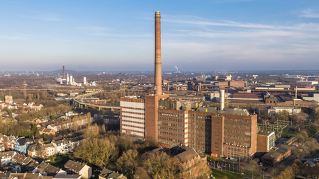 DUISBURG / GERMANY - JANUARY 08 2017 : Aerial of the ThyssenKrup power plant in Ruhrort during the peak of the river Rhine floodingのeditorial素材