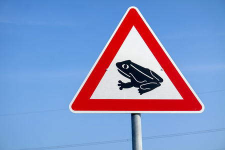 Frogs crossing the road warning signの写真素材