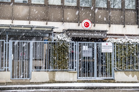 Munich / Germany - February 17 2018 : The consulate general of Turkey in the snow storm
