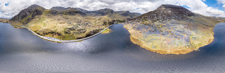 Aerial view of Ogwen valley with Llyn Ogwen in Snowdonia, Gwynedd, North Wales, UK - Great Britain,...