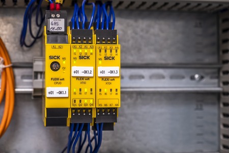 Burbach / Germany - July 16 2018 : Close-up of Electric cabinet with Digital Input and Output module...