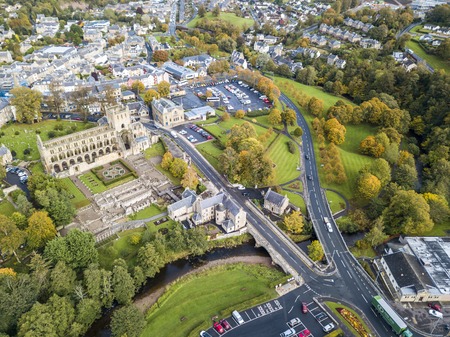 Aerial view of Jedburgh in autumn with the ruins of Jedburgh Abbey in Scotlandの写真素材