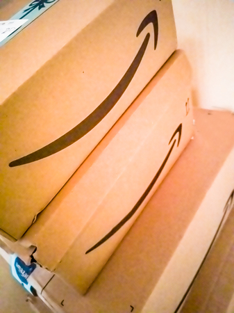 Moers / Germany - December 19 2018 : Many parcels standing on the staircase