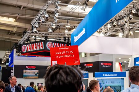 Hannover / Germany - April 02 2019 : The industry is inviting for the 5G kick-off