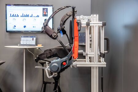 Hannover / Germany - April 02 2019 : German Bionic presents first robot exoskeleton for the Industrial IoTのeditorial素材