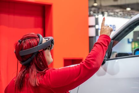 Hannover / Germany - April 02 2019 : SEW Eurodrive is presenting the production of the new electric E.GO car at the HANNOVER FAIRのeditorial素材