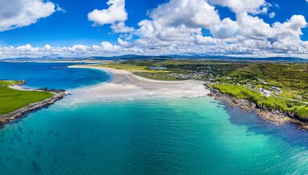 Aerial view of the awarded Narin Beach by Portnoo and Inishkeel Island in County Donegal, Irelandの写真素材