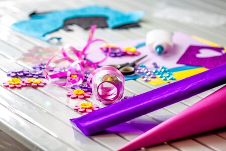 Making paper crafts for candy cone first day of schoolの写真素材