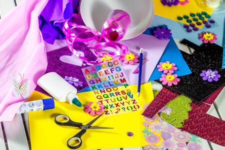 Making paper crafts for candy cone first day of schoolの写真素材