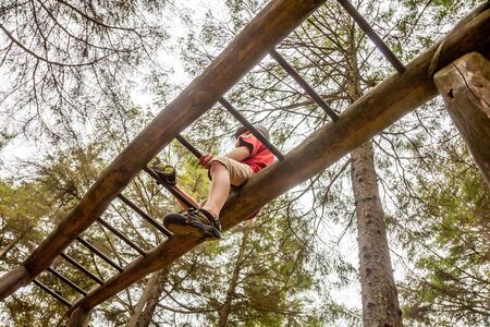 Happy boy having fun climbing on ladder in the forest