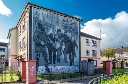 Derry, Londonderry / Northern Ireland - October 12 2019: This mural by unnamed bogside artists depicts the events of 30th January 1972 when the British Army opened fire on a civil rights demonstrationのeditorial素材