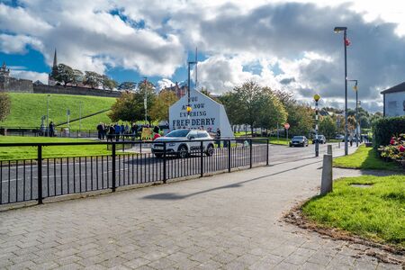 Derry, Londonderry / Northern Ireland - October 12 2019: People demonstrate against war in front of...
