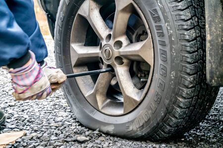 Portnoo, County Donegal - January 24 2020 - Flat tyre due to screwのeditorial素材