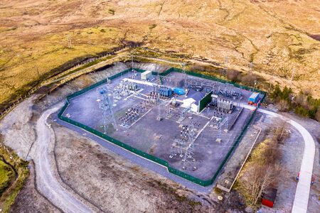 Aerial image of Electricity transmission sub-station in County Donegal - Ireland.