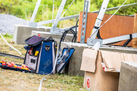 Donegal / Ireland - May 15 2020 : Electricians toolbox ready for the installation of the photovoltaic systemのeditorial素材