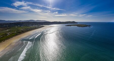 Aerial view of the awarded Narin Beach by Portnoo and Inishkeel Island in County Donegal, Ireland...
