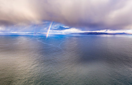 Aerial view of an rainbow above the Atlantic Ocean in Donegal - Irelandの写真素材