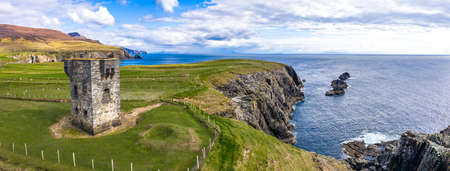 Aerial view of the Napoleonic Signal Tower in Malin Beg - County Donegal, Irelandの写真素材