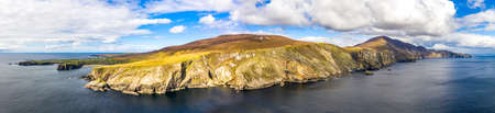 Aerial view of the beautiful coast at Malin Beg with Slieve League in the background in County...