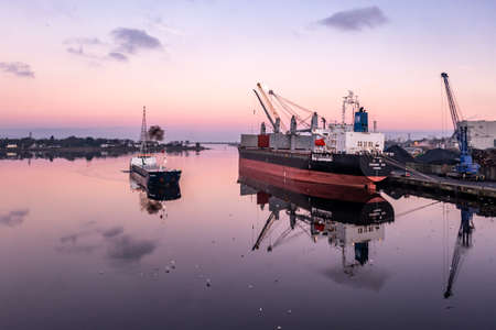 Derry Londonderry, United Kingdom- December 17 2021 : Cargo ship arriving in Northern Ireland