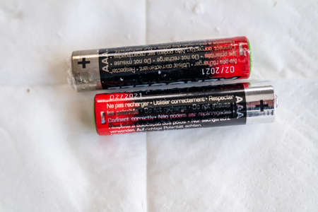 Donegal / Ireland - November 03 2020 - Two leaking batteries lying on tissue