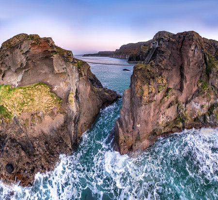 Aerial view of Ballintoy Harbour near Giants Causeway, County. Antrim, Northern Ireland, UKの写真素材