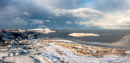 Aerial view of snow covered Portnoo in County Donegal, Ireland.の写真素材