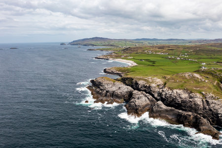 Aerial view of the coastline at Malin Head in Ireland.の写真素材