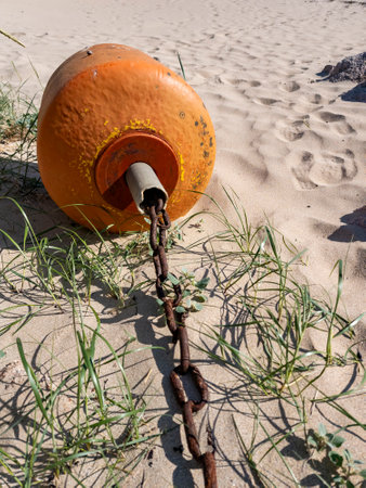 Orange buoy lying on the beach at low tideの写真素材