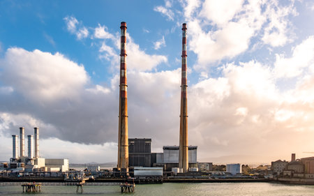 Dublin, Ireland - March 03 2019: Poolbeg power station in the harbourのeditorial素材