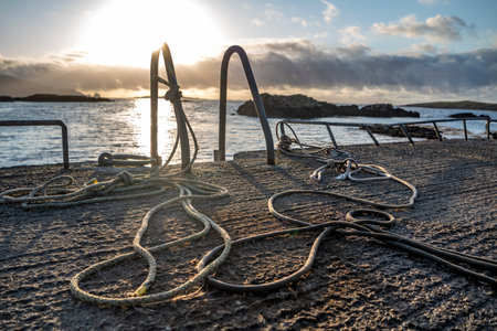 Emergency ladder and ropes at coastal harbourの写真素材