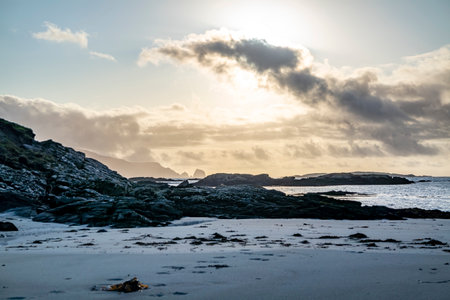 Rosbeg harbour at sunset, County Donegal, Irelandの写真素材