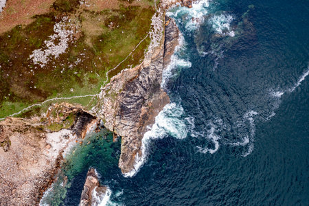 Aerial View of the rocky coastline at Muckros Head beach in Donegal, Irelandの写真素材