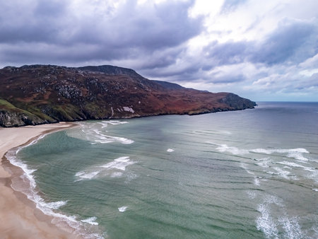 Aerial view of the beach and caves at Maghera Beach near Ardara, County Donegal - Ireland.の写真素材