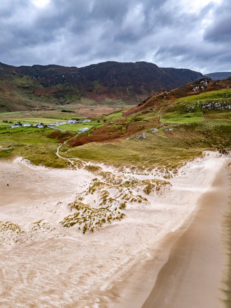 Aerial view of the beach and caves at Maghera Beach near Ardara, County Donegal - Ireland.の写真素材