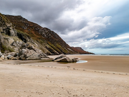 Aerial view of the beach and caves at Maghera Beach near Ardara, County Donegal - Ireland.の写真素材
