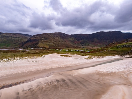 Aerial view of the beach and caves at Maghera Beach near Ardara, County Donegal - Ireland.の写真素材