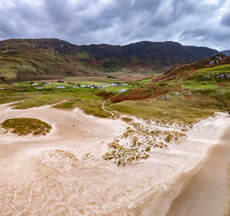 Aerial view of the beach and caves at Maghera Beach near Ardara, County Donegal - Ireland.の写真素材