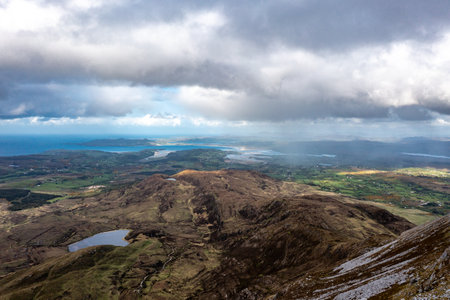 Aerial view of the Muckish mountain and the trail called miners path in county Donegal. Irelandの写真素材