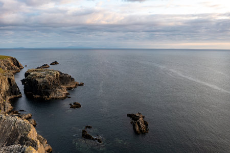 Aerial view of the coast at Malin Beg at the Napoleonic Signal Tower - County Donegal, Irelandの写真素材
