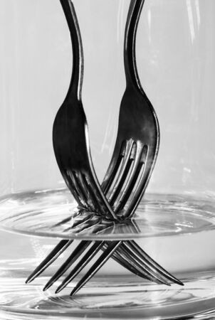 Glass of water with a two forks inside - black and white close-up.