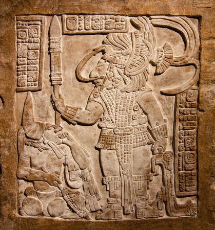 Mayan Art - Detail from a Mayan limestone reliefの写真素材