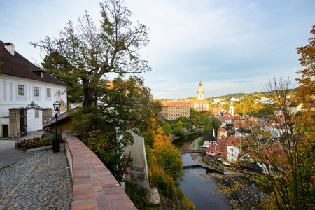 Cesky Krumlov - oldtown city and river in Autumn, Czech Republicの写真素材