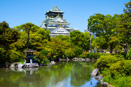Osaka castle and garden pond, Osaka - Japanの写真素材