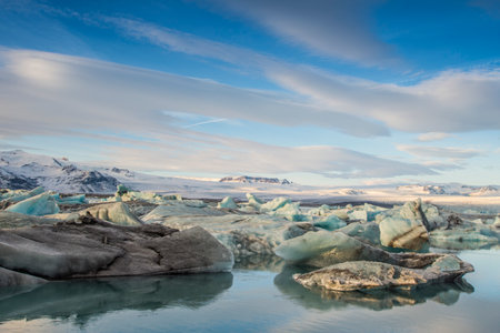 Iceland, Jokulsarlon Glacier Lagoon, Icebergs floating in amazing outdoor landscapeの写真素材