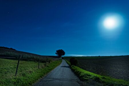 Country road at night illuminated by the full moon. Heiligenhaus, NRW, Germanyの写真素材