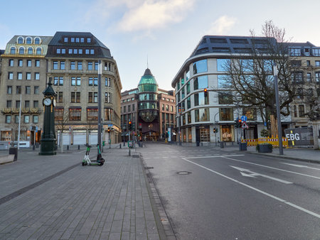 Dusseldorf, Germany 12/25/2020 - Empty corner of Corneliusplatz and Koenigsallee avenue. A quiet morning during lockdown by COVID-19のeditorial素材