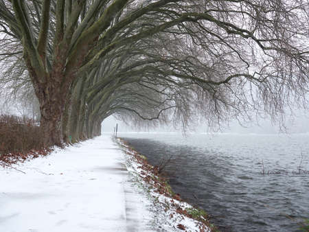 A snowstorm over Lake Baldeneysee in the German city of Essen. Difficult winter weather conditions in Germany. Snowfallの写真素材